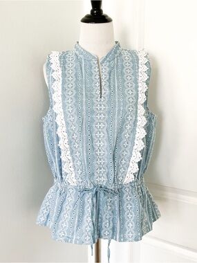 Ann Taylor Light Blue Eyelet Lace-Trim Sleeveless Peplum Top - Large